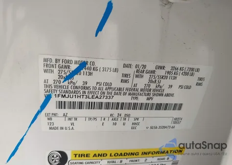 2020 Ford Expedition Xlt из США, поврежденный, VIN 1FMJU1HT3LEA27337